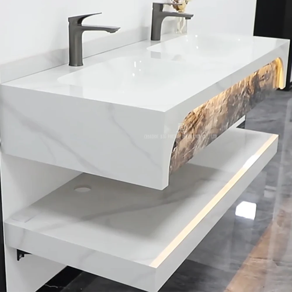 Factory sintered stone wash basin cabinet wall mounted marble top double sink bathroom vanity with mirror