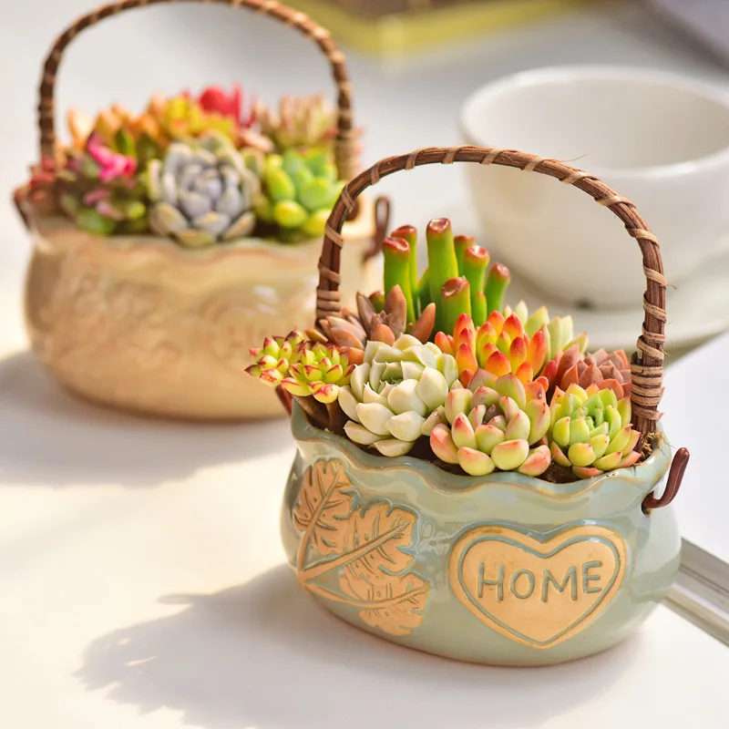 Wholesale Basket Shaped Ceramic Korean Succulent Flower Pots