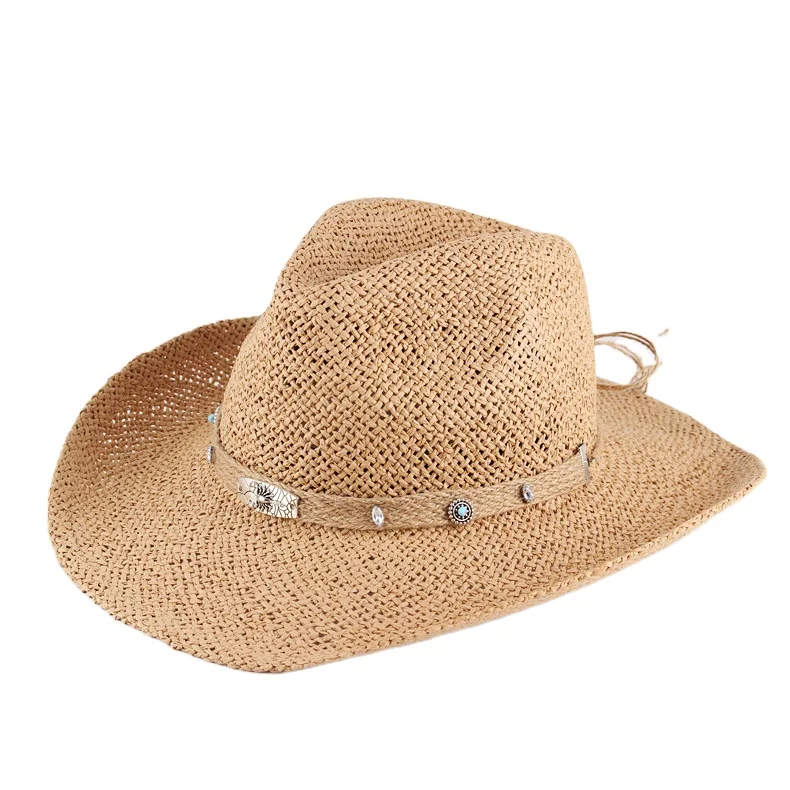 New Sun Protection Straw Hat Braided Hat Solid Color Cowboy Straw Hat Metal Accessories Fashion Breathable Outdoor Travel Unisex