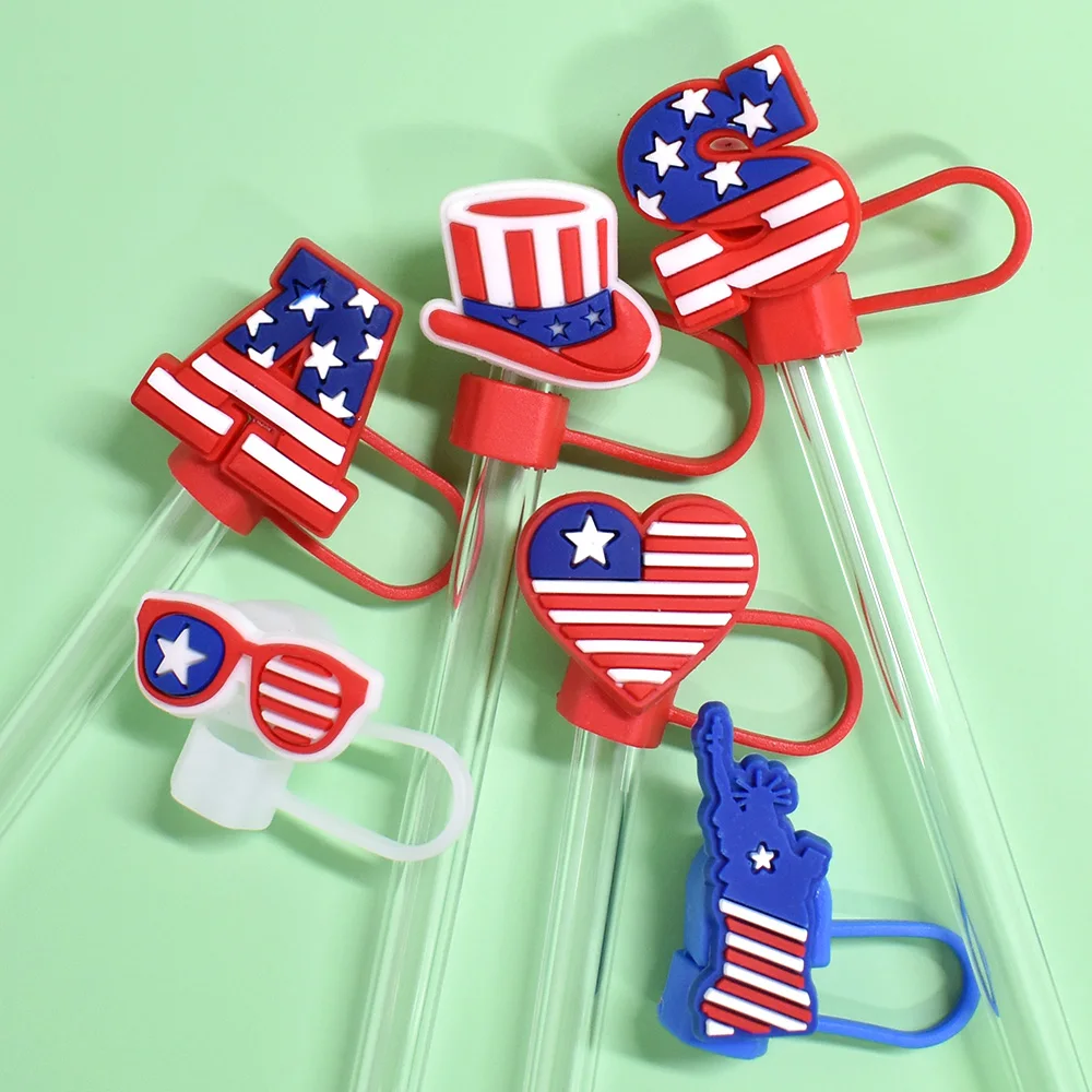 Wholesale Bulk 10mm American Flag Pvc Rubber Straw Topper Fashion Heart Star Usa Flag Straw Topper Charm For Tumblers