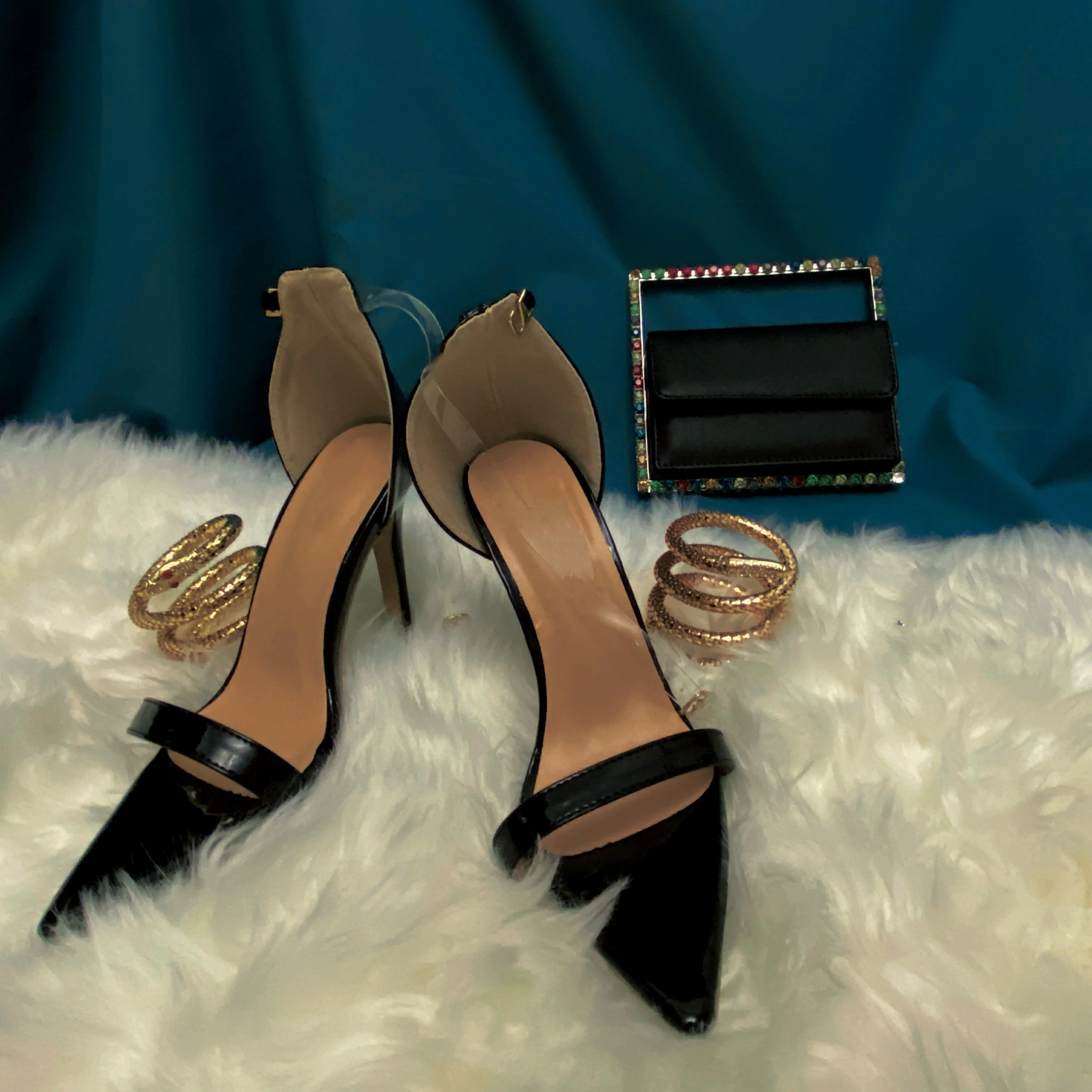 New design spiral ankle strap sandals snake head stylish shiny fashionable women sandals court stiletto pointed toe women shoes