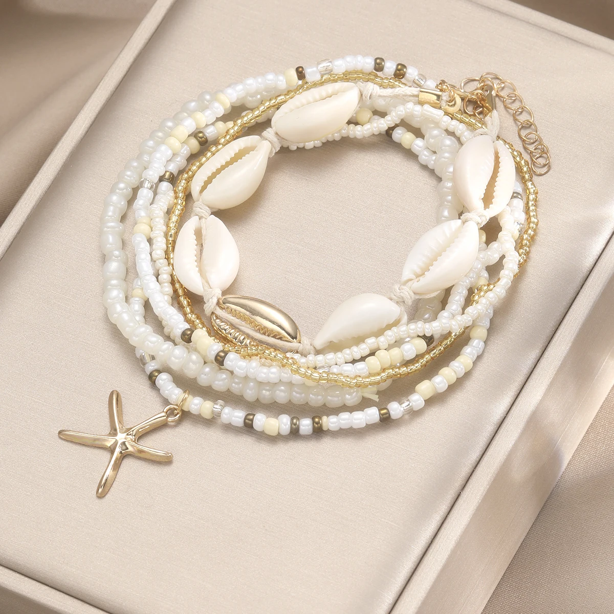 Fashion Summer Beach Gold Shell Chain Beaded Multilayer Anklets Women Boho Starfish Ankle Bracelets Barefoot Jewelry For Gifts