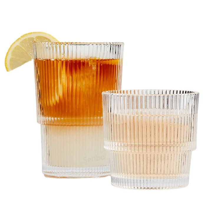Hot Selling Drinking Glass Clear Ribbed Vintage Cocktail Glasses Milk Juice