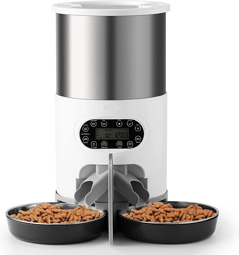 Automatic Cat Feeder for Two Cats Dogs Dry Food Dispenser with Splitter and Two Stainless Bowls for Cat and Dog