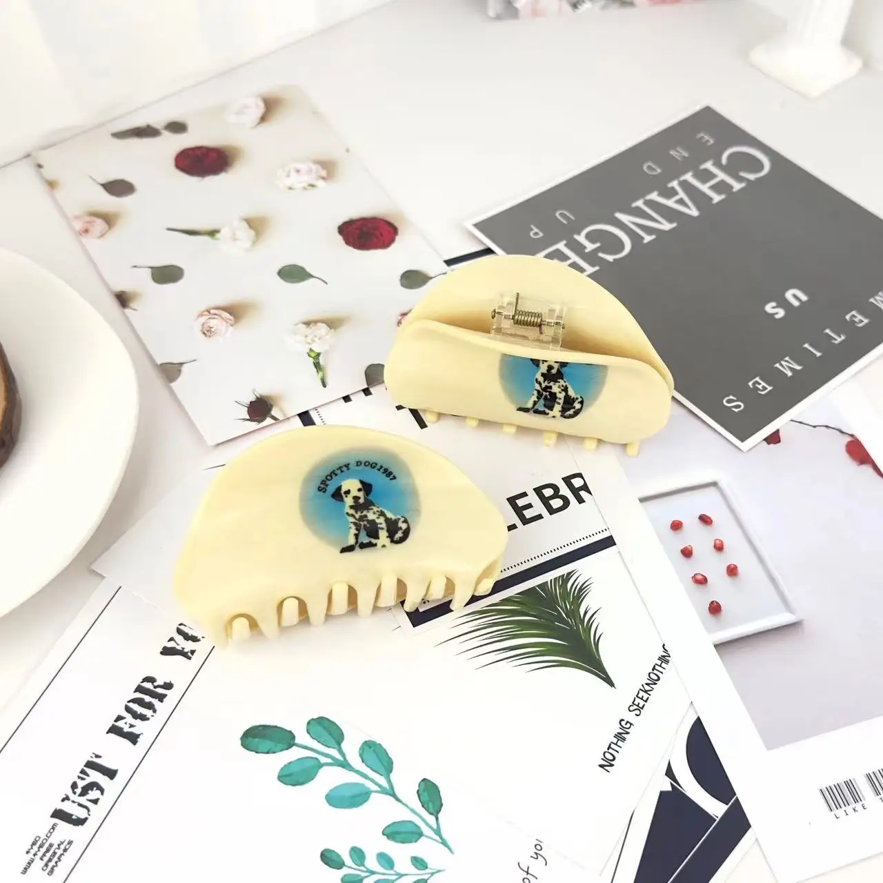 Vintage Acetate Half round Dog Print Hairpin Spotted Dog Grab Clip for Girls Back Hair Accessories