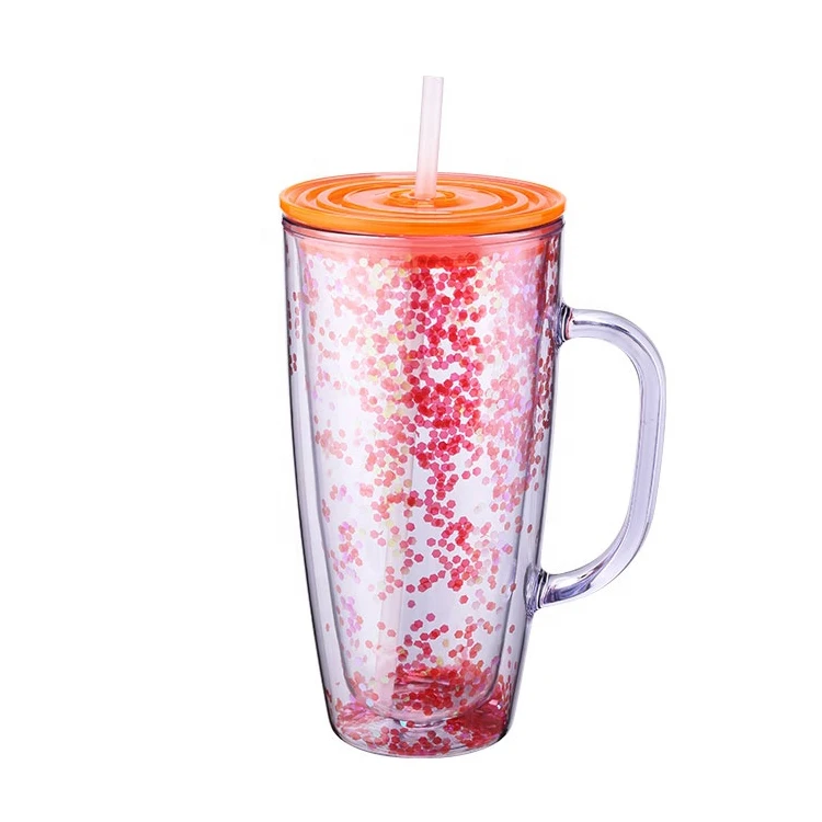Factory Custom Logo double wall 24oz reusable tumblers straw glitter plastic cup with straw
