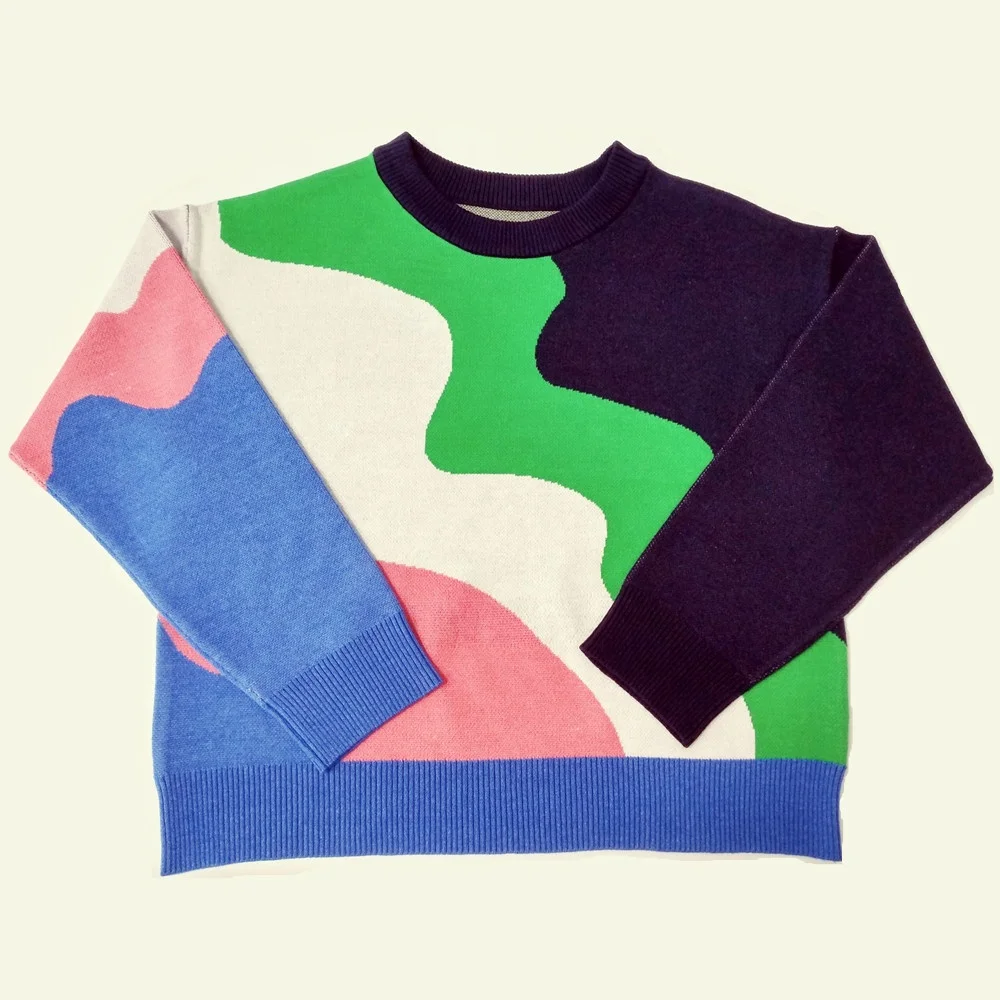 customized logo OEM ODM autumn winter ladies color block knitted top knitwear pullover women jacquard sweater custom knit jumper