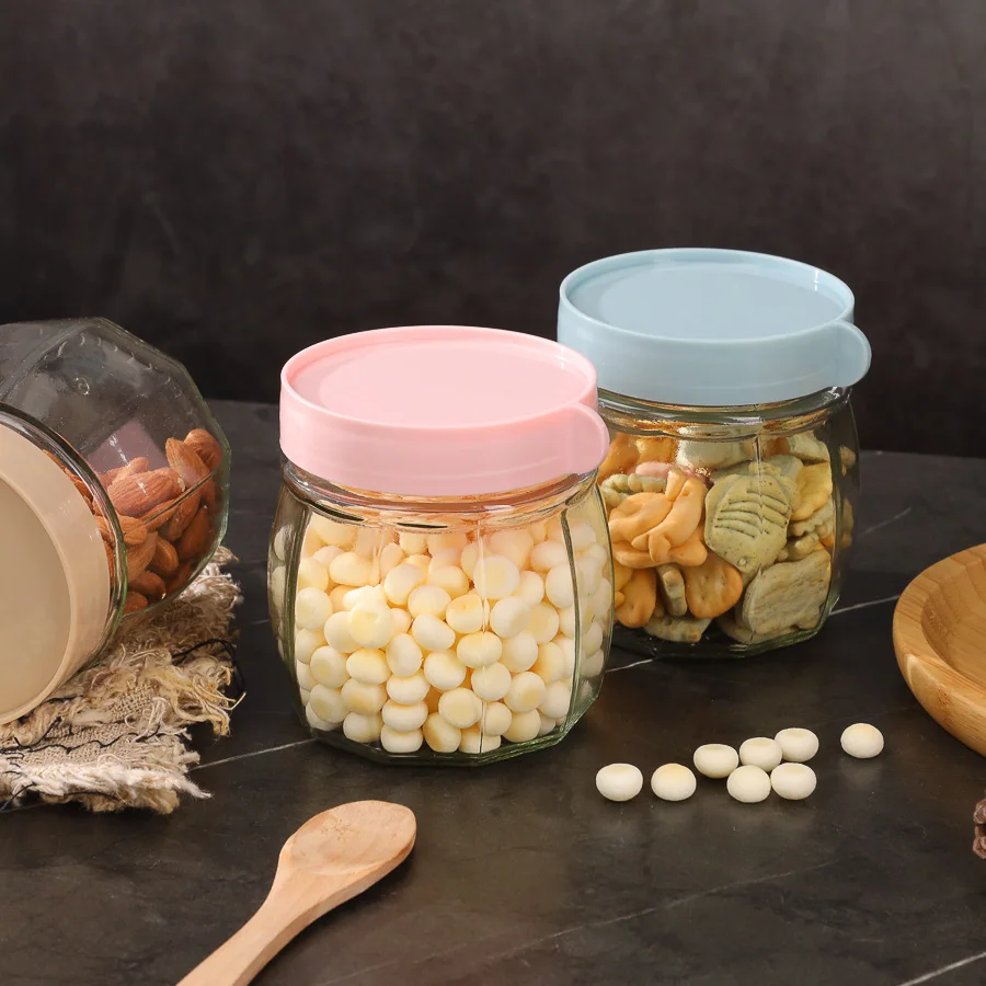 350ml Portable cute mini glass storage jar snack oat nut food storaging container with plastic screw lid