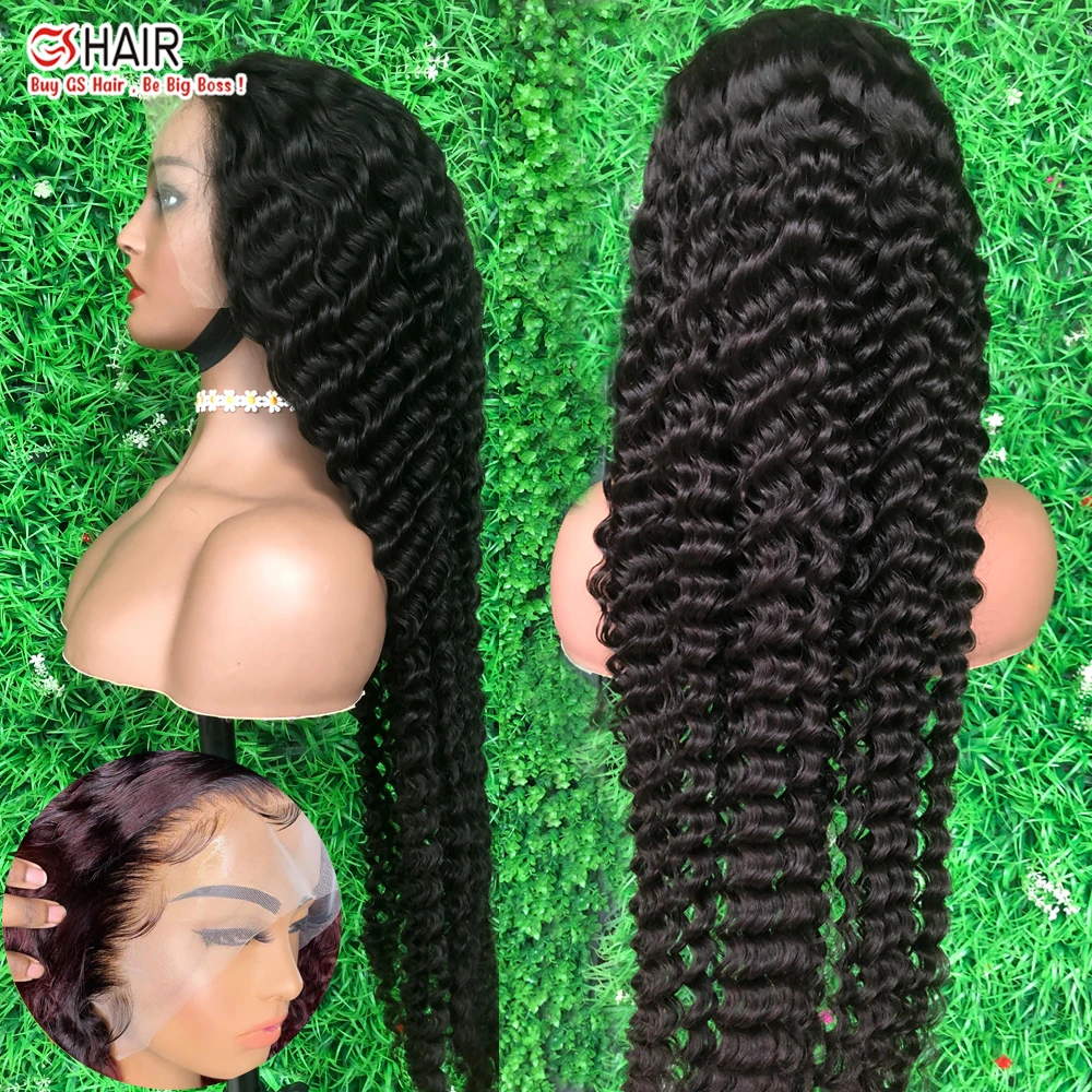 GS; Прямая поставка; Оптовая продажа на заказ, парик с кружевом, 38 'предварительно глубоко вьющиеся синтетические волосы парики из натуральных волос на кружевной основе, кутикулой в одном направлении парик шнурка