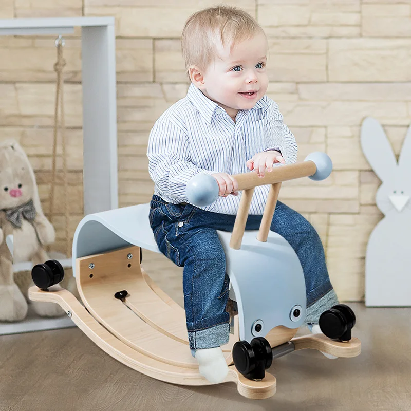 2 in 1 Toddler Rocking Horse Baby Walker Balance Bike Kids Wooden Rocker with Wheels