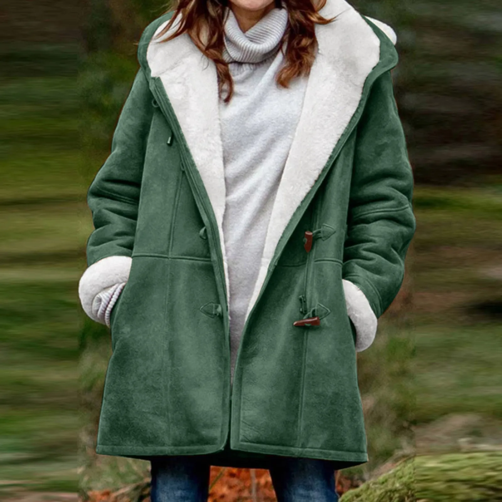 women 2024 winter fashion clothes oversized shearling fleece lined long coats horn button woman jacket