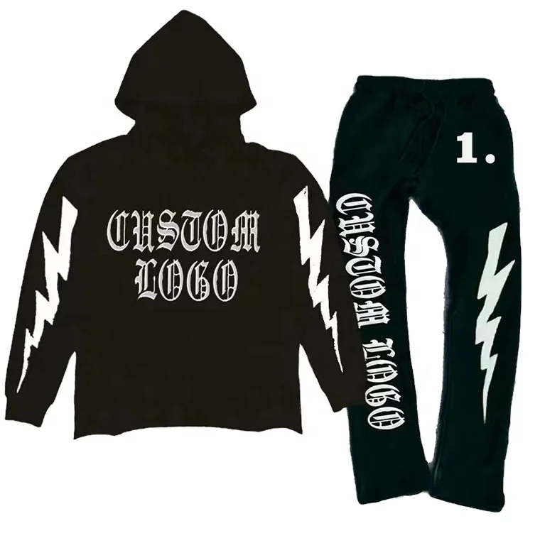 Custom Two Piece Raw Hem Cut Edge Hoodie Sweatpants Unisex Set 3D Puff Print Fleece Jogger Tracksuit Sweatsuit Set