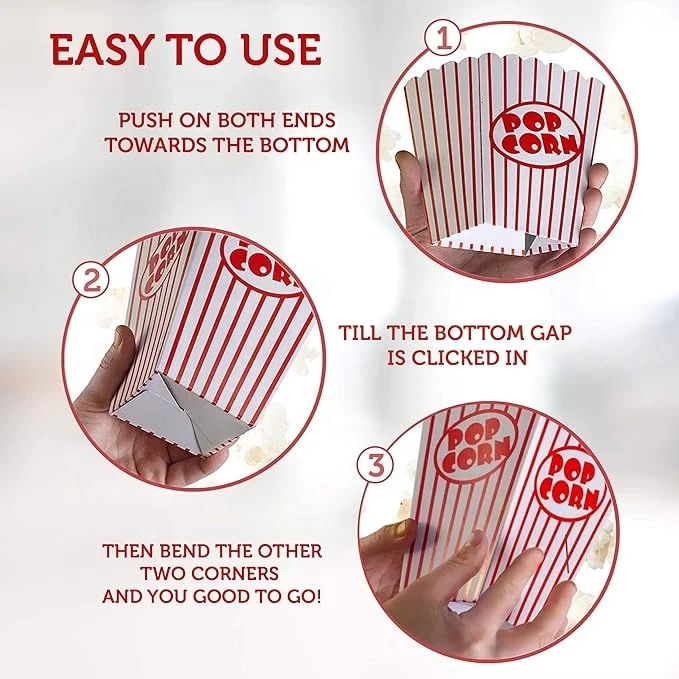 Red and White Popcorn Bags for Popcorn Machine, Movie Theater Decor Popcorn Box