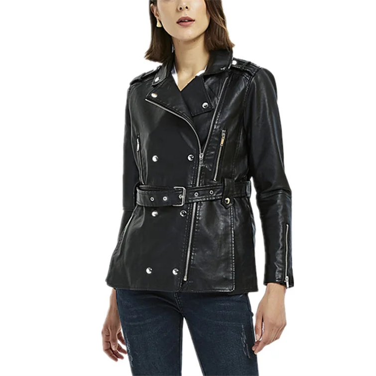 In Stock Rock Lady Fashion Medium Long Pu Leather Jacket With Belt