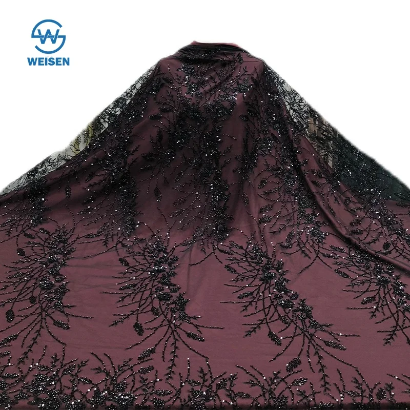 Heavy Industry Bead Embroidery Veil Lace Mesh Fabric Evening Gown Wedding Dress Fabric WS-4091
