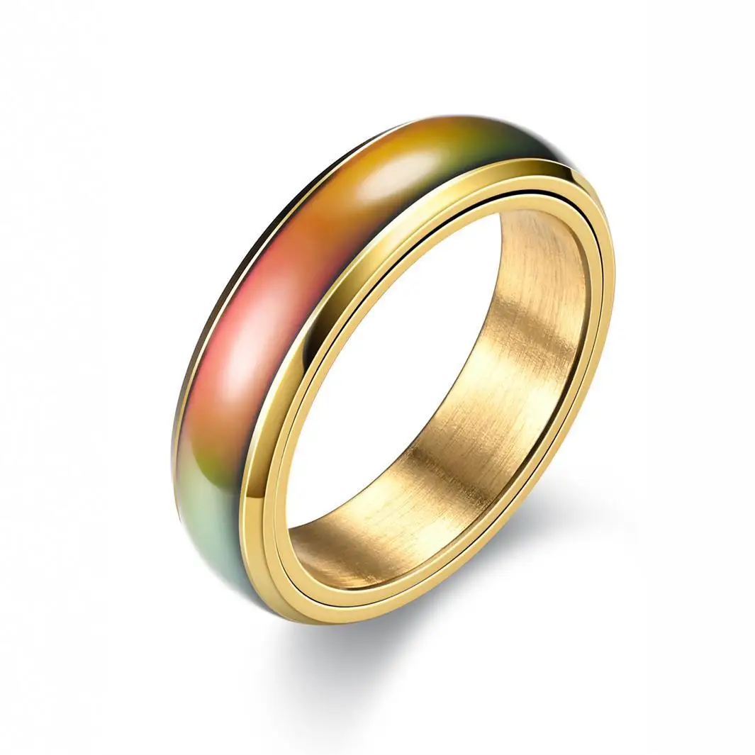 New 6mm 18K Gold Plated Stainless Steel Temperature Sensitive Glaze Changing Color Rotatable Mood Rings For Men Women Couple