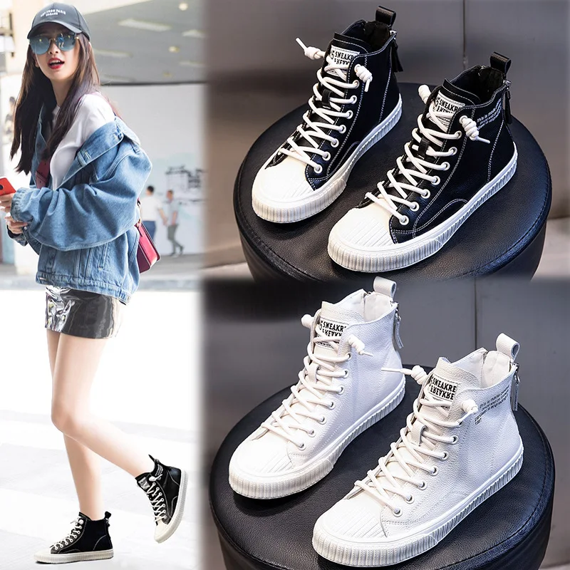 Latest White And Black Lady Genuine Cow Leather Casual Shoes Fashionable Ankle Flat Boots For Women