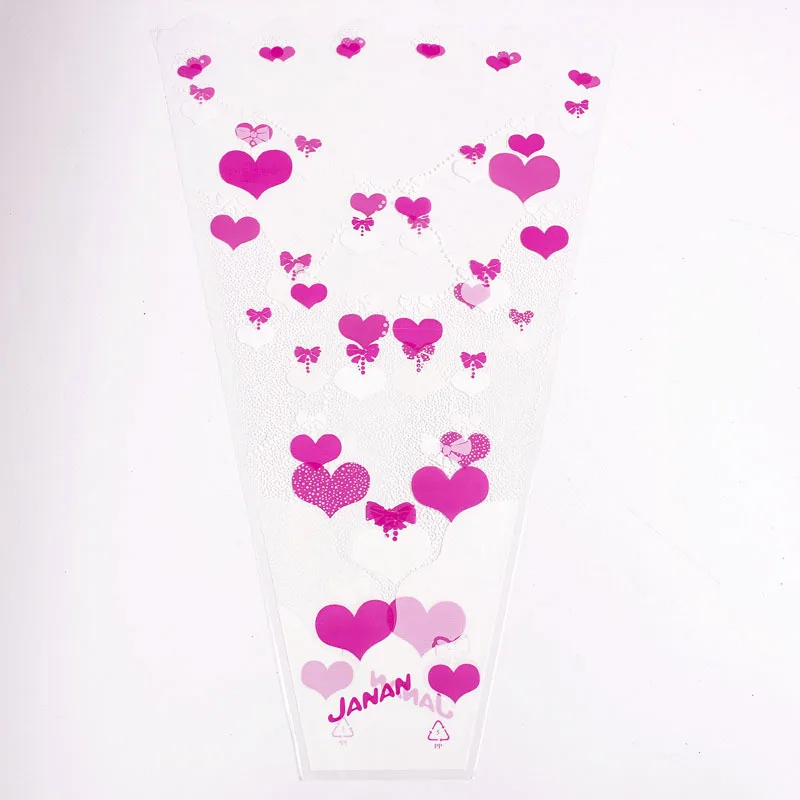 Eco-Friendly And Biodegradable Bouquet Wrap Bag Heart Shape Design Clear Cellophane Printed Flower Sleeve