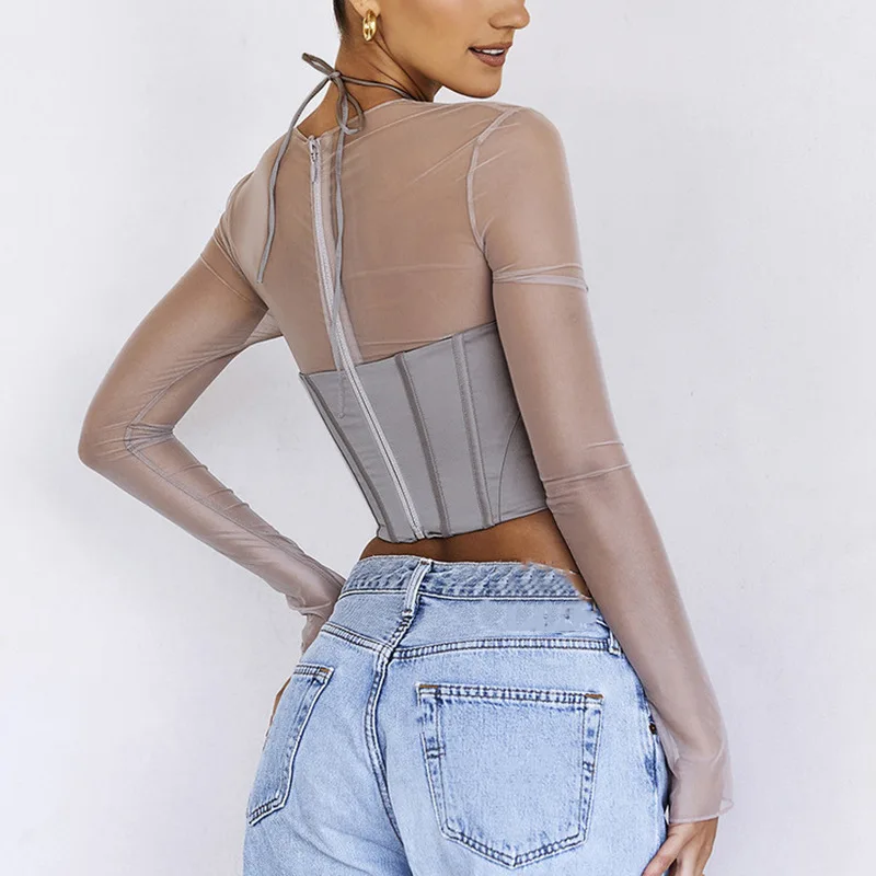 Sexy See Through Mesh T Shirts Women Gray Patchwork Long Sleeve Round Neck Bodycon Female Tops Summer Fashion Streetwear