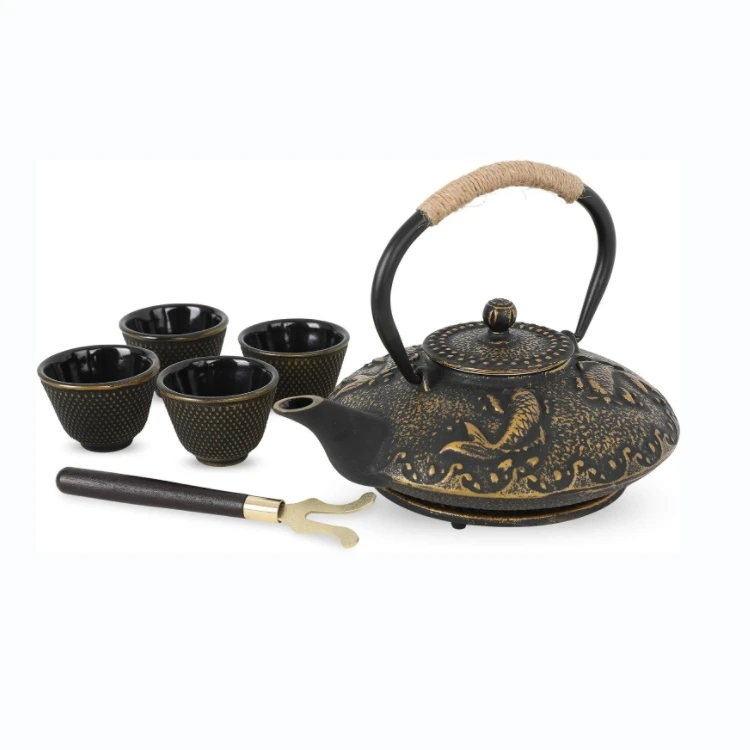7Pcs Tea Pot Gift Set Koi Fish Design New Cast Iron Kettle Cup Trivet Fork Set Stove Top Teapot Jug