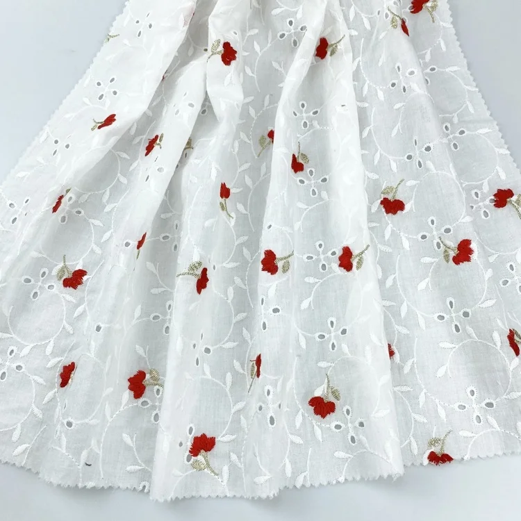 Customized quick-dry white voile cotton eyelet flower embroidery fabric for apparel-shirts blouses