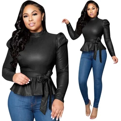 Женская блузка из Флокированной кожи, с длинным рукавом и полувысоким воротником, новинка 2021
