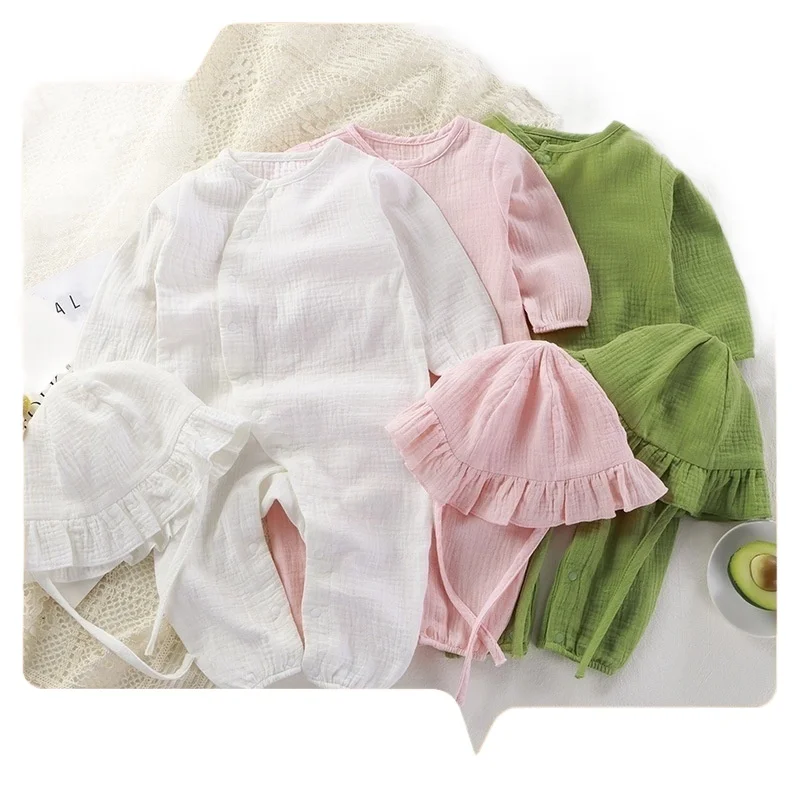 Wholesale White Long Sleeves Muslin Baby Onesies Clothing Set 2 Pcs Romper Europe with Matching Hat Muslim