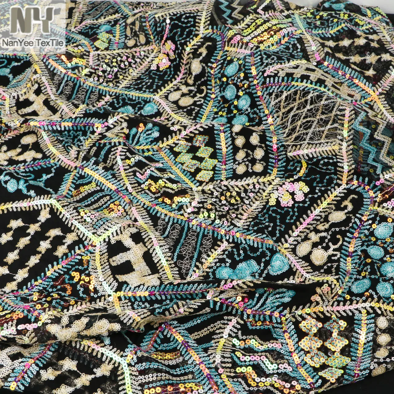 Nanyee Textile Ethnic Style Patchwork Bohemia Sequin Lace Fabric For Dress