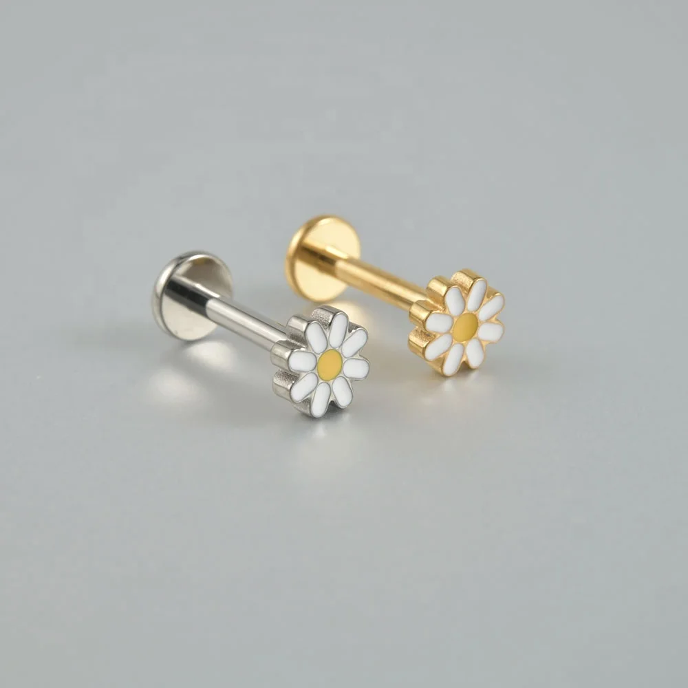 ASTM F136 Titanium Threadless Labret Ear Helix Tragus Daisy Flower Flat Back Push-in  Earring Piercing Jewelry