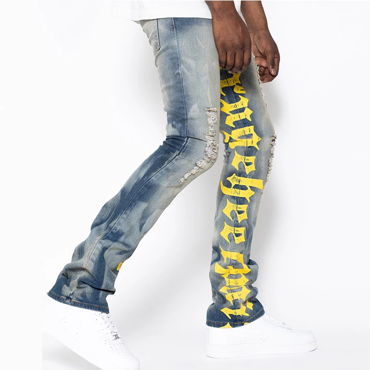 Men stack jeans custom logo brand letter printing slim fit denim pants ripped stacked jeans