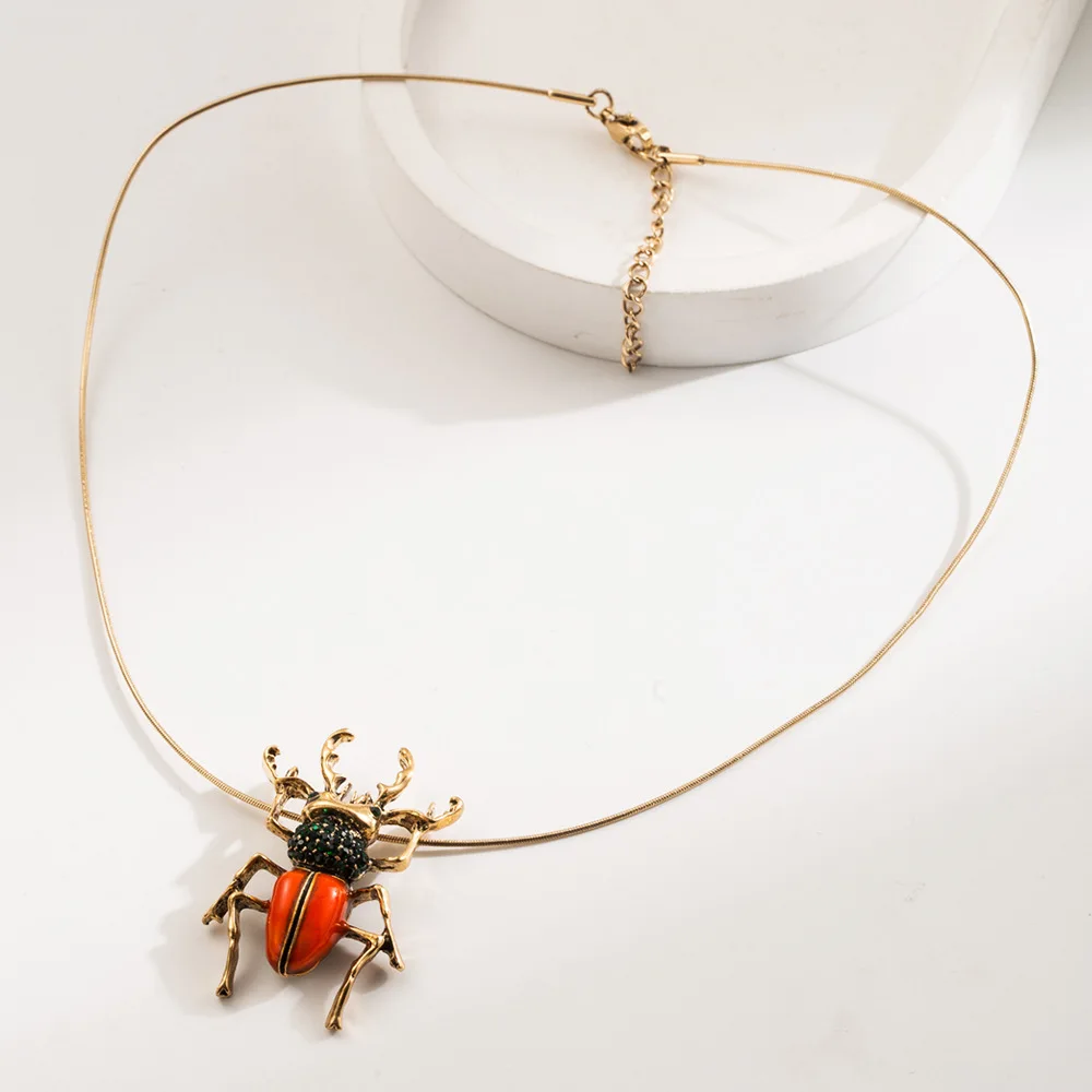 Vintage Retro Beetle Jewelry Set Rhinestone Oil Drop Simulation Insert Unisex Jewellery Earrings Necklace with Snake Chain