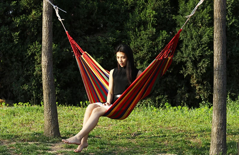 Double Swing Sleeping Hammock Bed with Spreader Bar Portable Outdoor Camping Garden Hanging Chair