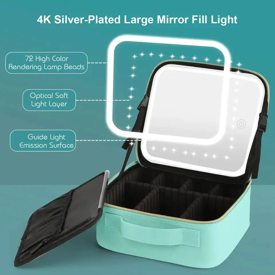 High Grade travel makeup bag case with led light mirror makeup train case beauty cosmetic box makeup organizer storage box