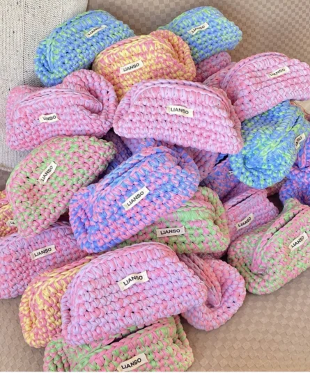 hand made woven knit  Bags For Ladies Cotton Plaid Fabric Crochet Cutch Bag Folded Shopping Bag Rhombus Shape Hand Woven Handbag