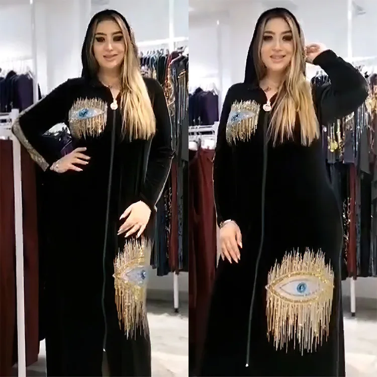 Hifive Plus Size Velvet African Dress Women Abaya Africa Clothes Black Sequins Dashiki Women Clothing Ankara Muslim Hooded Robe