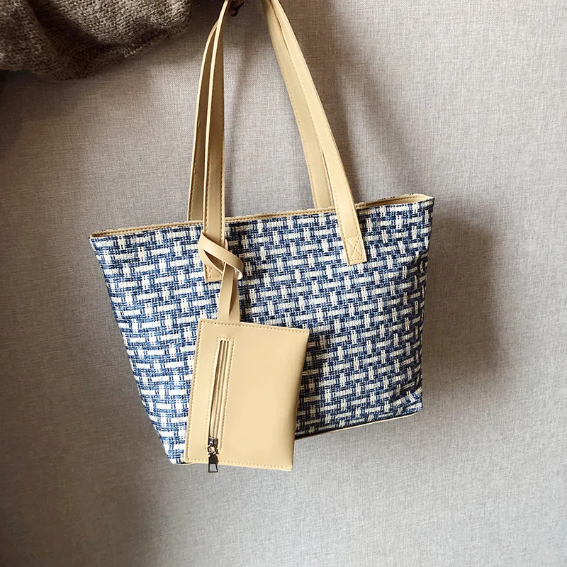 New Arrival Fashion Woven Shopping Bag Large Capacity 2 Pcs Mother Handbag And Purse Leisure Shoulder Bag Set