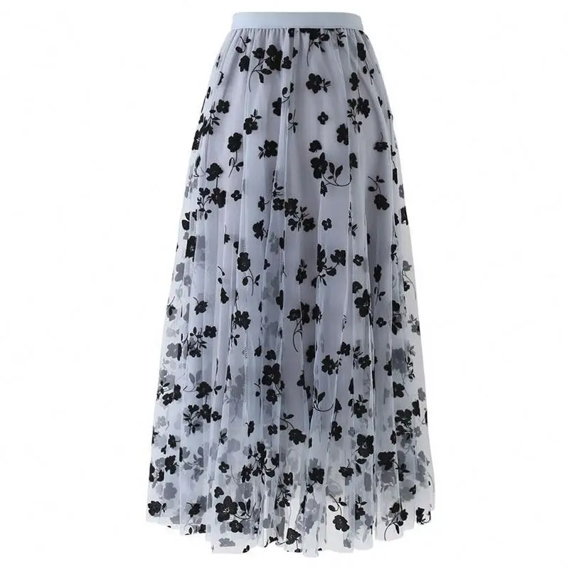 Elegant Casual Mesh Sexy Summer Maxi Sweet Latest Design Silky Winter Flowers Long Women High Waist A Line Elastic Tulle Skirt