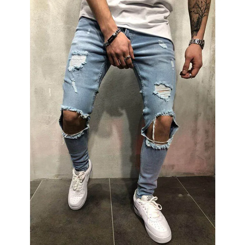 large size fashion men ripped jeans denim trousers destroyed hole pants stretch slim elastic soild color jeans