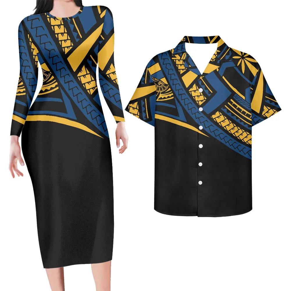 Yellow Samoan Tribal Long Sleeve Dress Women Casual 7xl Plus Size Women Dresses Summer Maxi Logo Print Custom Couple Clothes Set