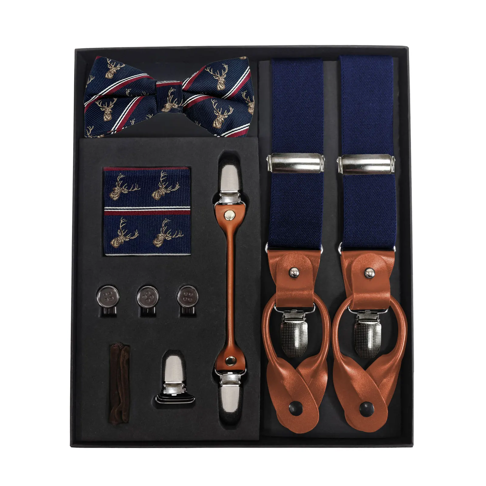 Iron button Christmas Suspenders and Bow Tie Sets for Men With cufflinks and Strap accessories for Wedding,party and Business