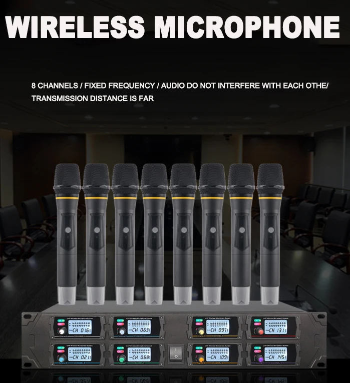 Hot Sale High Quality Clear Sound Stable Performance Uhf 1U 8 Channel Professional Wireless Microphone System