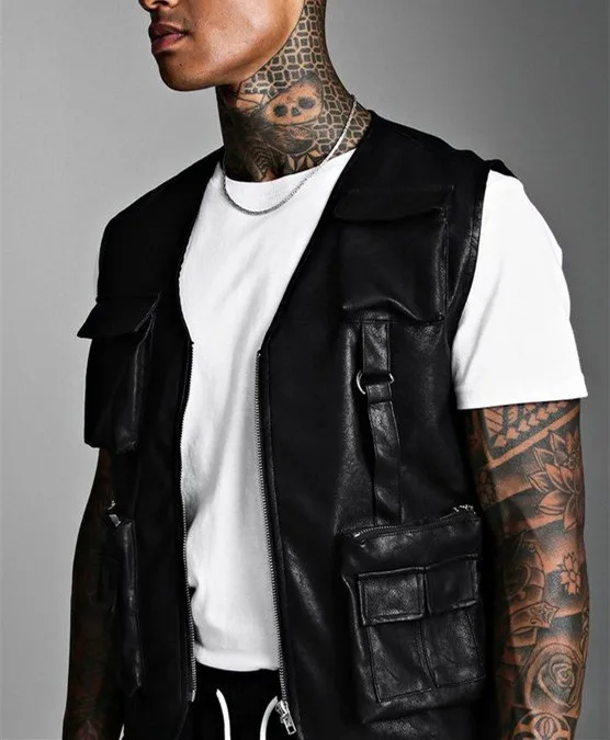 Универсальные мужские жилеты высокого качества, оптовая продажа модных тактических кожаных мотоциклетных жилетов с несколькими карманами для мужчин