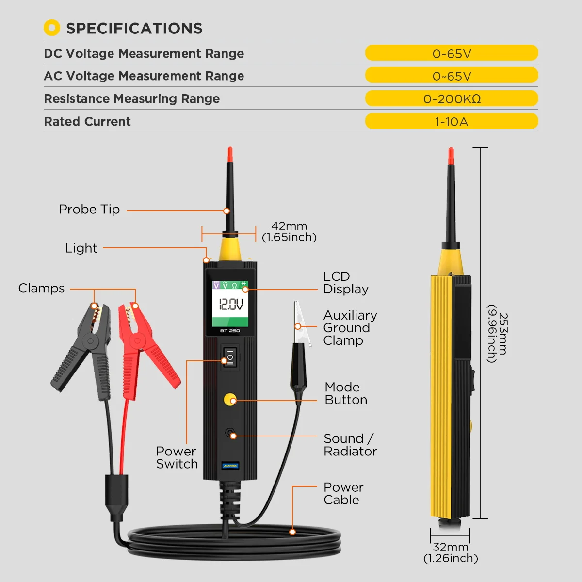 Autool BT250 LCD Digital Auto Electrical Analyzer 6-24Volts Automotive Battery Circuit Tester Power Probe for Voltage Reading