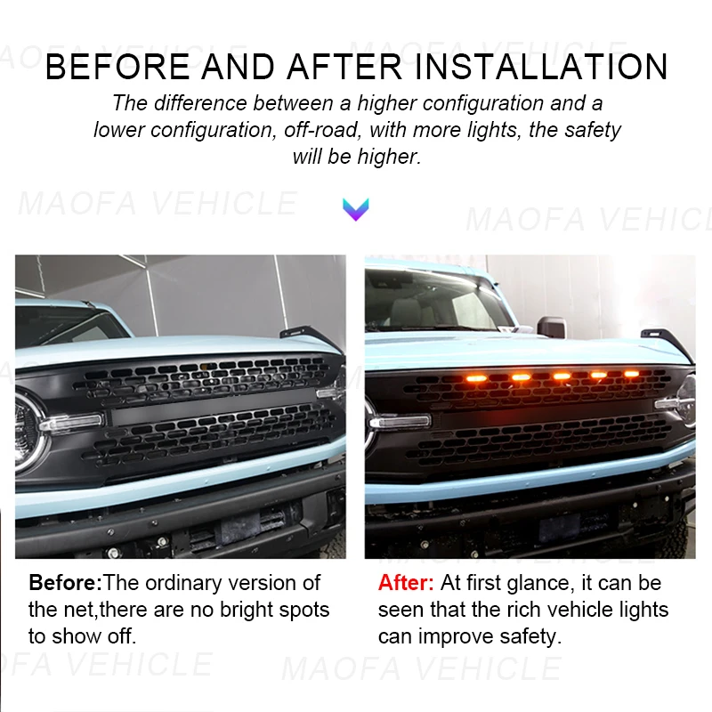 2021 2022 2023 Car exterior accessories Front Bumper Grille yellow light yellow Raptor led lights For Ford Bronco 2/4 Door