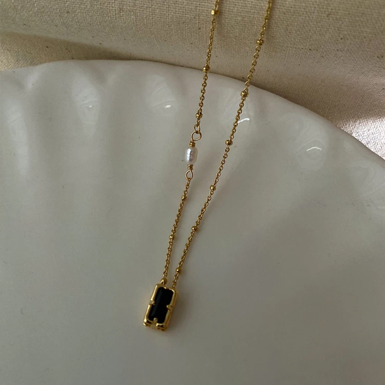 Rectangle Black Cubic Zircon Natural Freshwater Pearl Necklace Beads Chain Pendant Necklaces Women INS French Vintage Jewelry