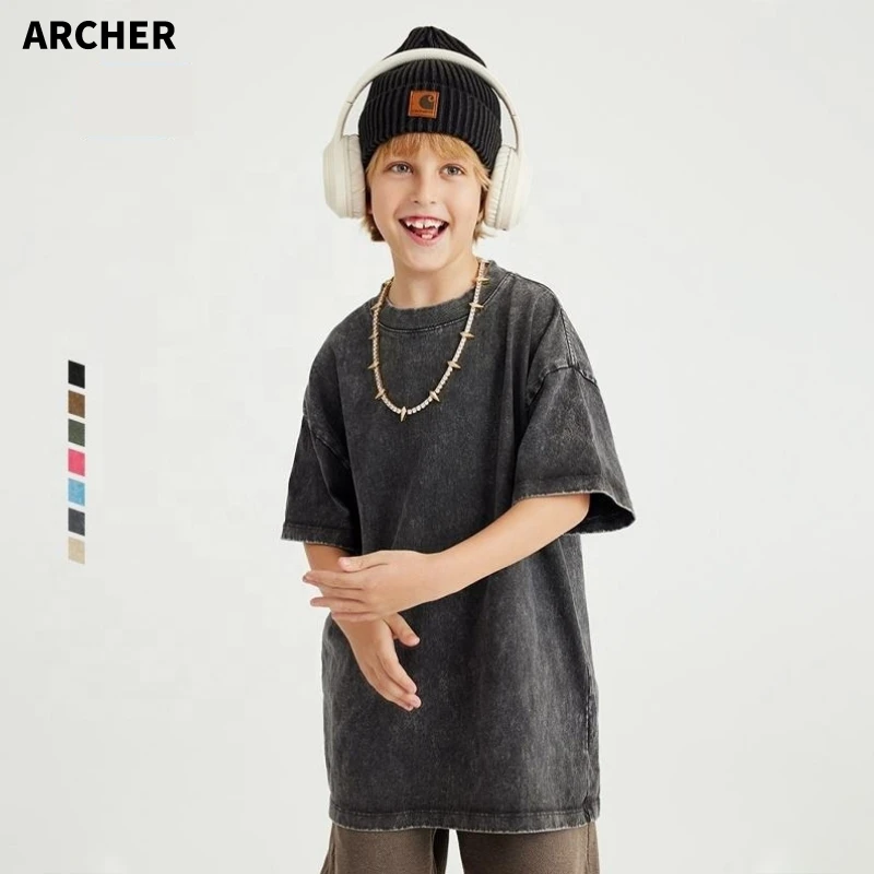 Archer 2023 Washed Vintage Custom Logo Top Quality Unisex Trendy T Shirt Kids Kids T-shirts Kids Washed T Shirt