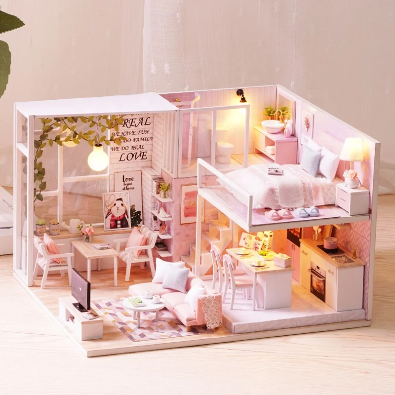 Doll House Miniature With Furnitures Diy Dollhouse Wooden Toys For Children Birthday Christmas Gifts blue model