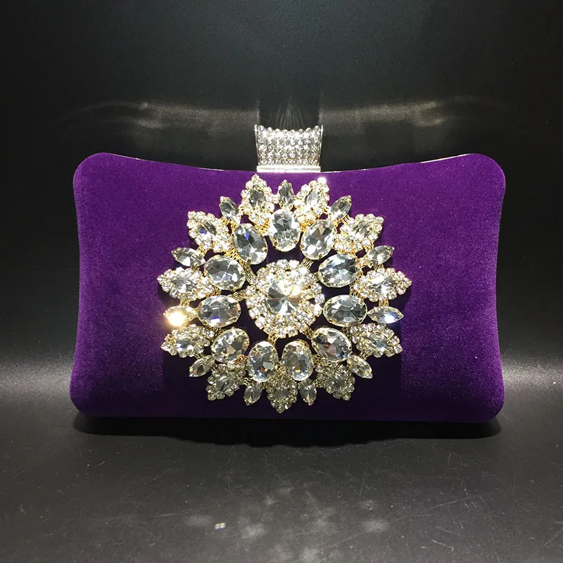 Lady Velvet Purple/Blue Clutch Bags Rose Red Diamonds Clasp Ladies Chain Slanting Bag Wedding Dress Women Luxury Handbags
