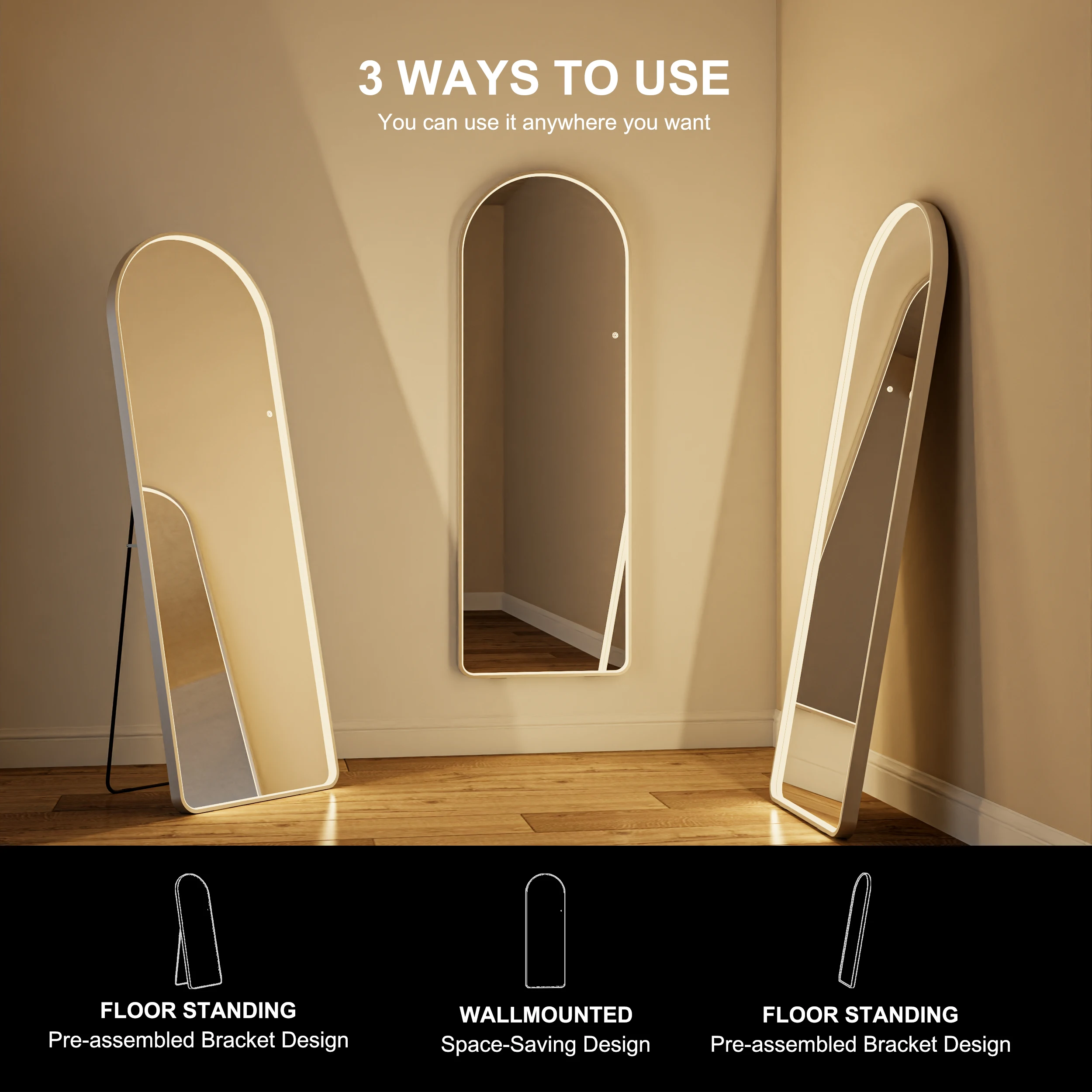 Brightness Adjustment Smart Touch Screen Free Standing Lighted Arched Body Dressing Full Length Floor Mirror With Led Light