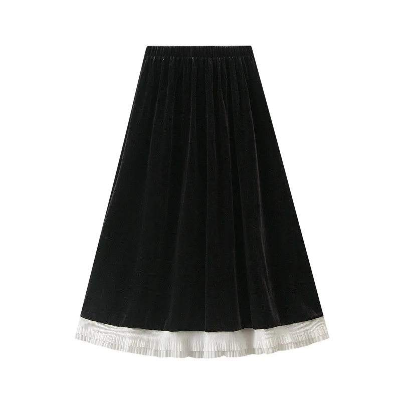 2024 New Arrival Women Autumn Winter Skirt Black White Patchwork A Line Retro Vintage Long Midi Velvet Skirt